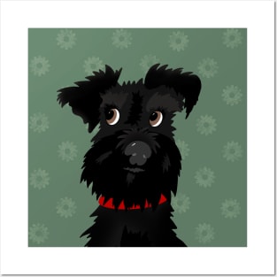 Black Miniature Schnauzer Dog with Green Daisies Posters and Art